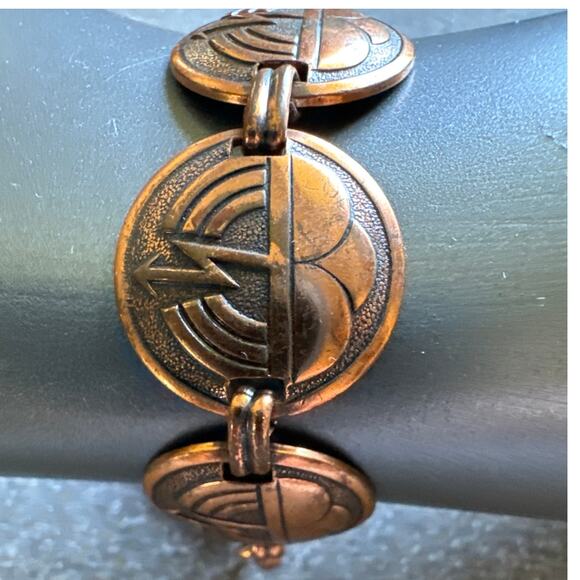 Vintage Copper Thunder Cloud Design Art Deco Revival Circle Link Bracelet - Picture 1 of 3
